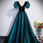 Unique Black Long Prom Dress Tulle A-Line Short Sleeve Evening Gown, DP2475