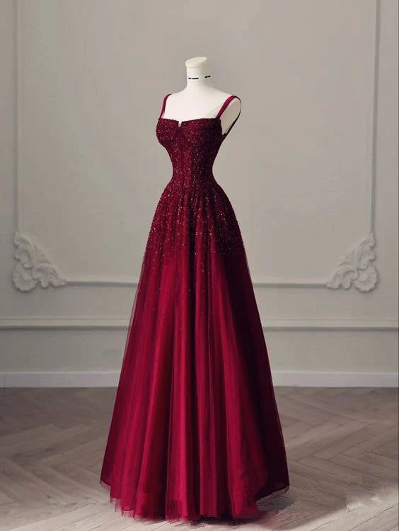 Shiny Burgundy Straps A-Line Long Formal Prom Dress Birthday Outfits, DP3586