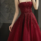 Shiny Burgundy Straps A-Line Long Formal Prom Dress Birthday Outfits, DP3586