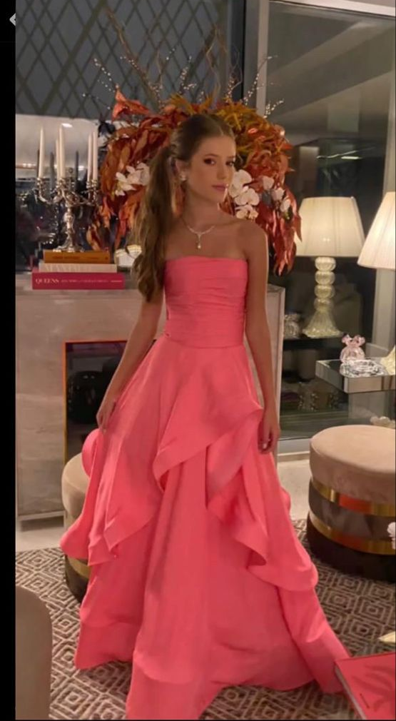 Pink Strapless A-Line Ruffles Satin Long Formal Party Dress, DP3675