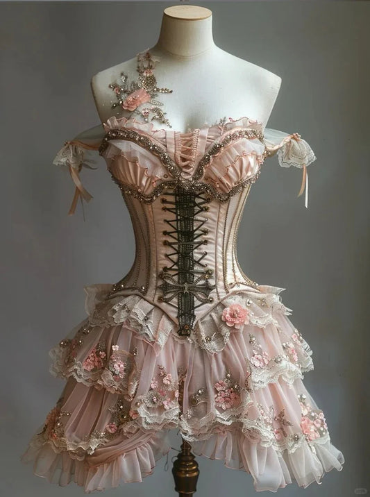 Lolita-Prinzessinnenkleid im Vintage-Blumenmuster, A-Linie, Chiffon, Perlenbesetzt, gestuftes Partykleid, Heimkehrkleid DP6098