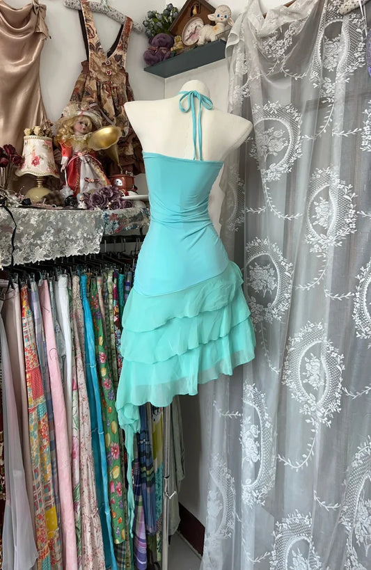 Retro Blau Sweetheart Rüschen Design A-Linie Chiffon Partykleid Homecoming Kleid DP6089