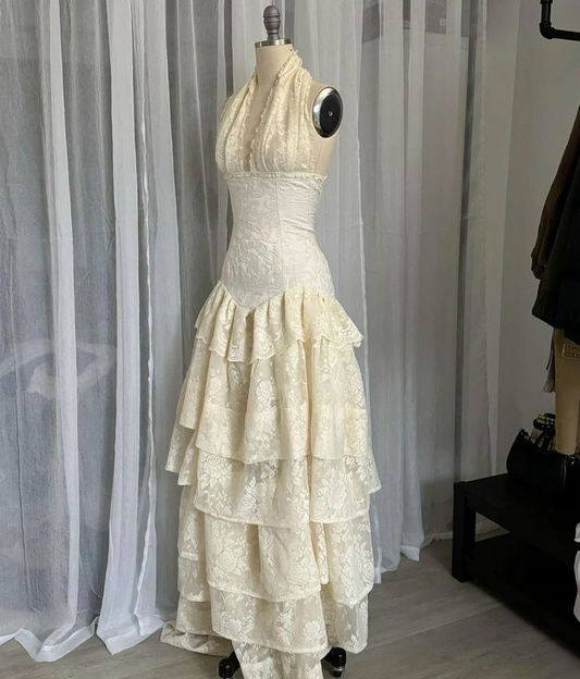 Vintage Halter Lace Tiered Ivory Long Prom Dress Birthday Outfits, DP3327