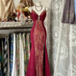 Wine Red Straps Lace Satin Mermaid Long Evening Party Dress DP3876