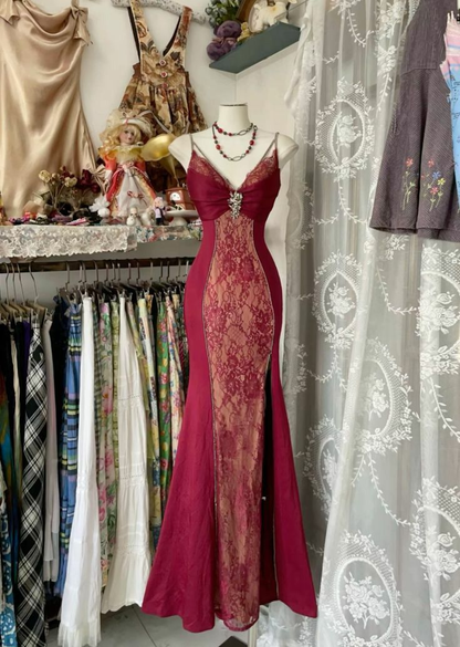 Wine Red Straps Lace Satin Mermaid Long Evening Party Dress DP3876