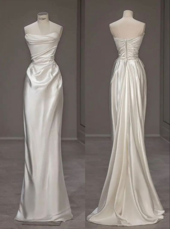 Elegant Ivory Strapless Mermaid Satin Long Prom Dress Wedding Dress DP3859