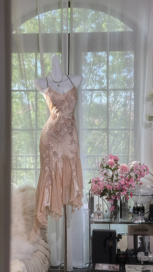 Fashion Sequin Beading Spaghetti Strap A-line Satin Party Dresses Homecoming Dresses, DP5788