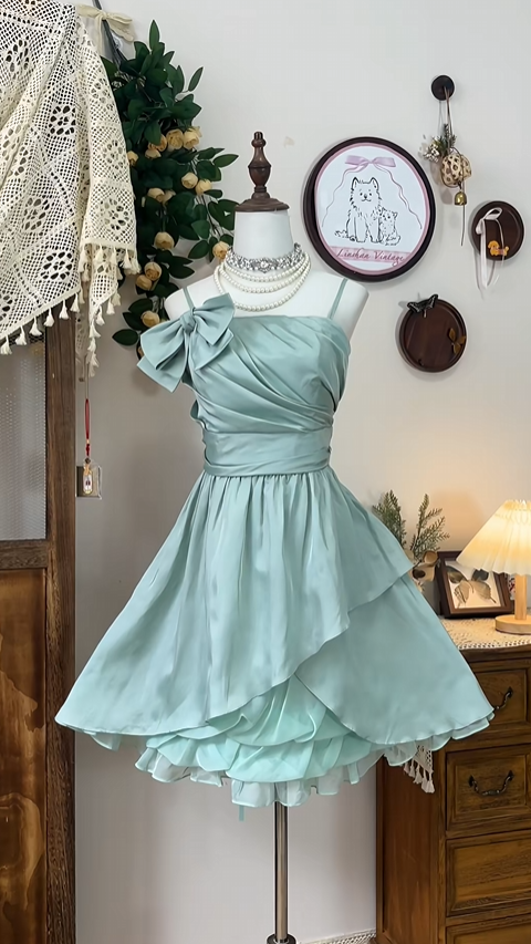 Vintage Light Green Ruffle Bow Design A-line Elegant Homecoming Dress Birthday Dress Party Dress DP6184