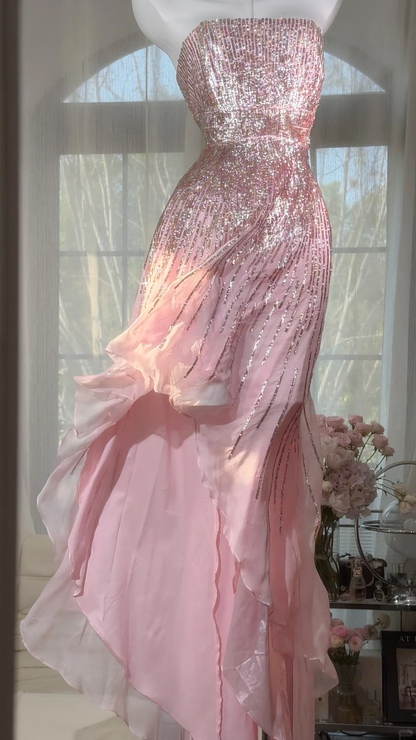 Elegant Pink Strapless Sequin Mermaid Ruffled Tulle Evening Dress Prom Dress DP8118