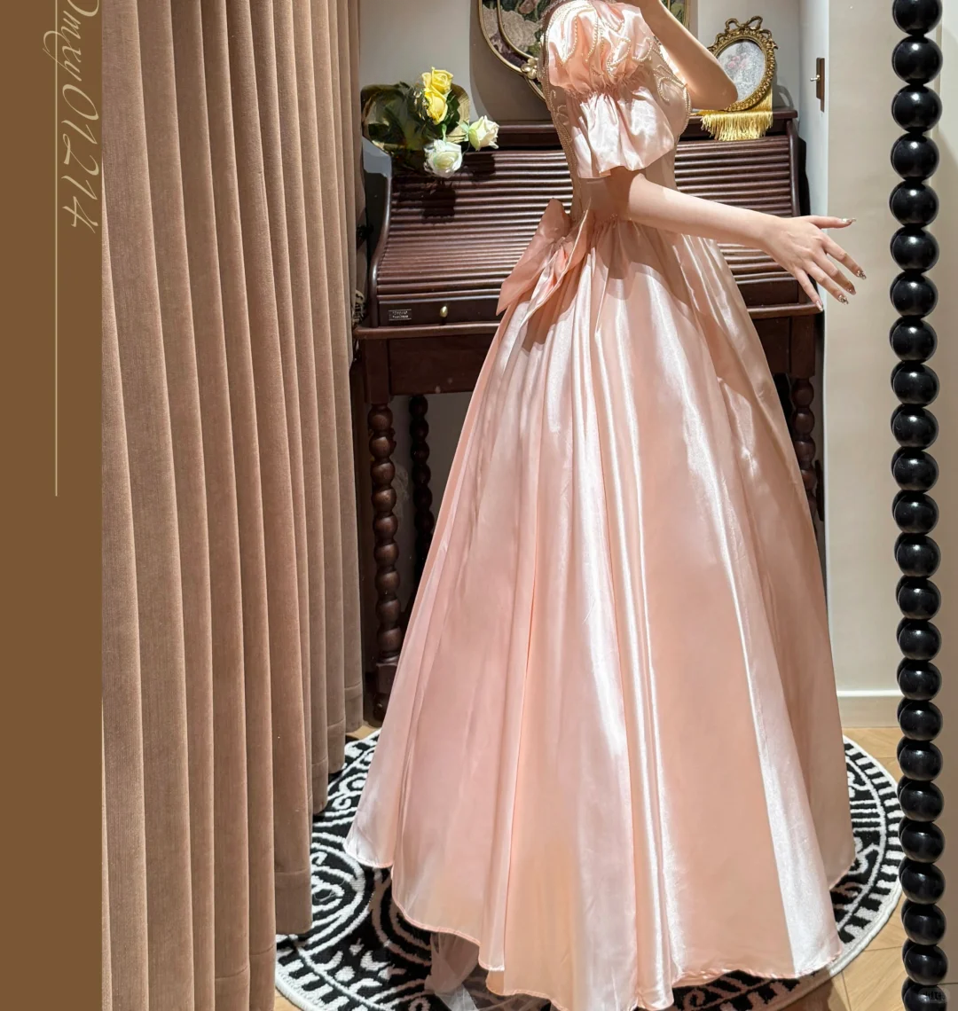 Vintage Pink Satin Puffed Sleeves Intricate Bodice Fairytale Evening Gown DP7263