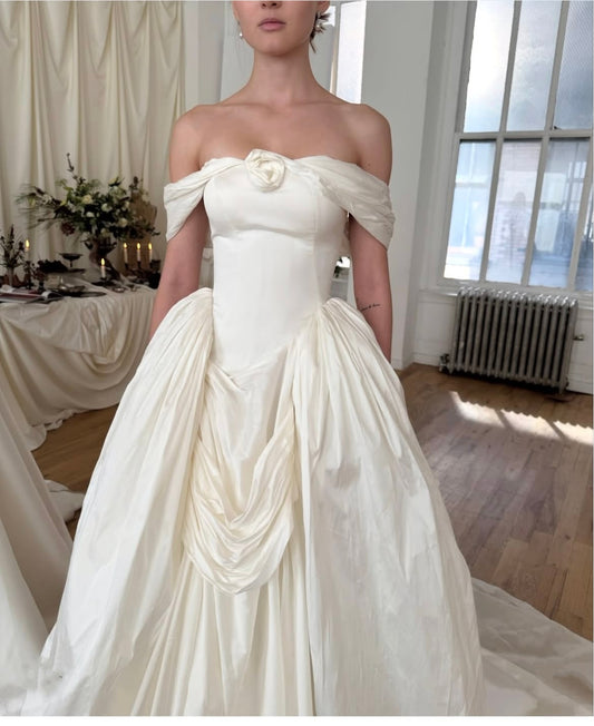 Romantic Ivory Off-Shoulder Taffeta A-Line Wedding Dress DP8434