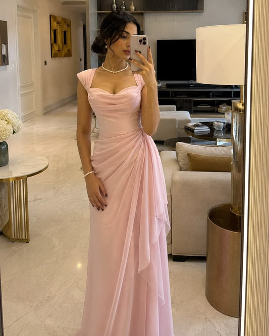 Elegant Pink Cowl Neck Draped Chiffon Cap Sleeve Evening Gown DP8467