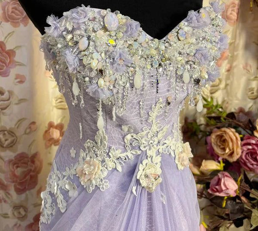 Robe de soirée sirène vintage lilas sans bretelles, dentelle florale appliquée, tulle fendue, robe de bal DP7574