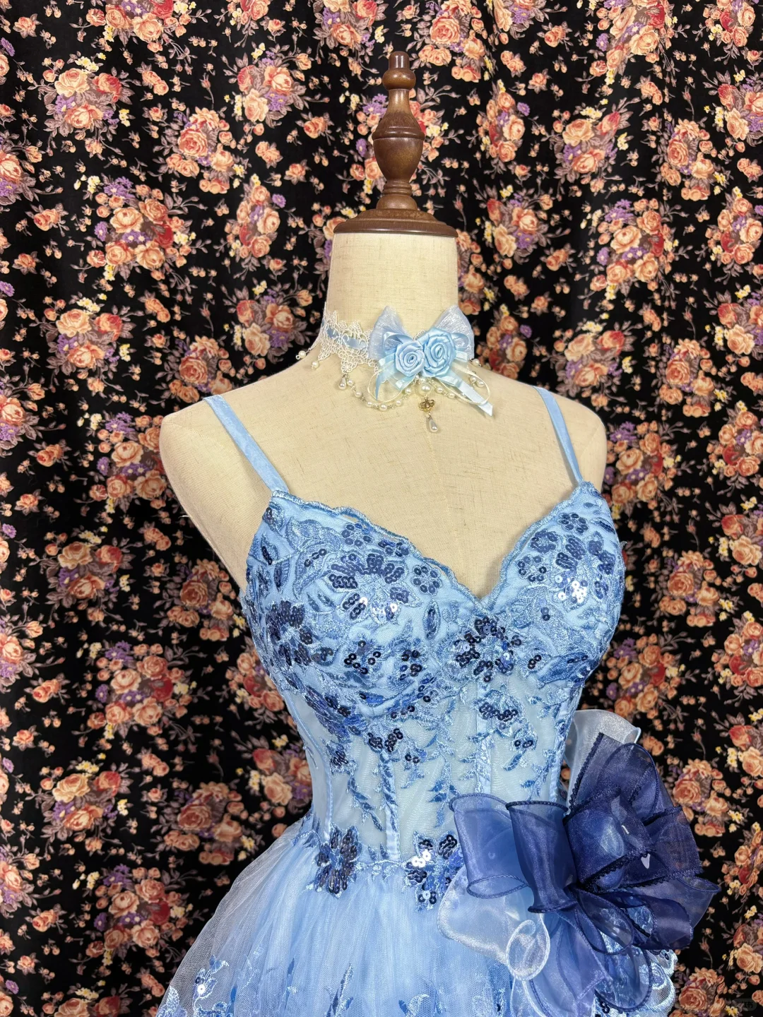 Retro Blue Floral Applique A-Line Elegant Chiffon Tiered Homecoming Dress Evening Dress Prom Dresses DP6150