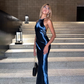 Elegant Shiny Satin Prom Dress Halter-neck Evening Gown Sheath Party Dress Long Formal Dress DP6809