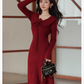 Robe de bal fourreau bordeaux vintage, robe de soirée à manches longues, robe longue en tricot, DP6701