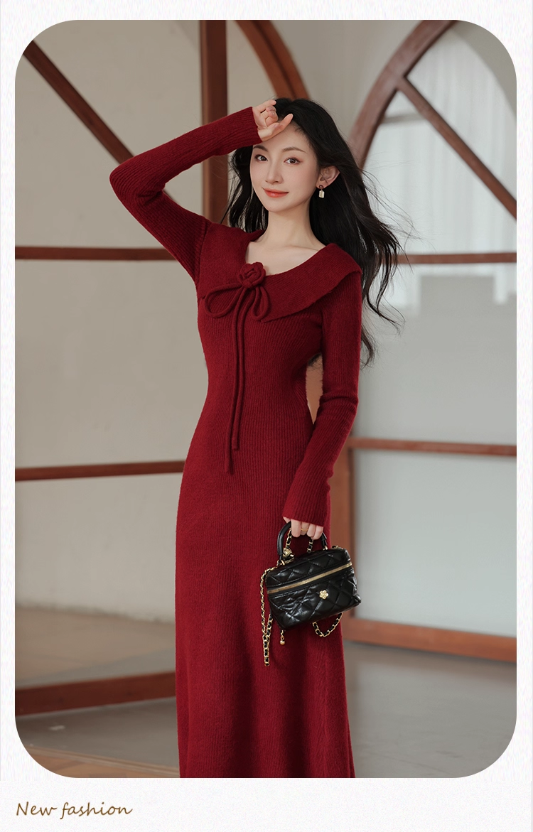 Robe de bal fourreau bordeaux vintage, robe de soirée à manches longues, robe longue en tricot, DP6701