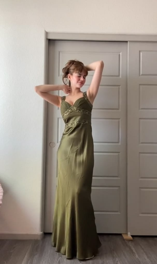 Vintage Olive Green Satin Beaded Sweetheart Mermaid Evening Dress DP8360