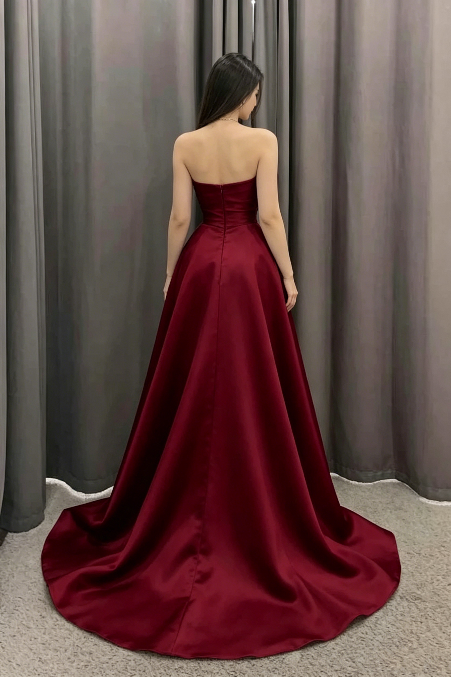 Stunning Satin Sweetheart A-Line Long Prom Dress Wine Red Strapless Evening Gown DP3606