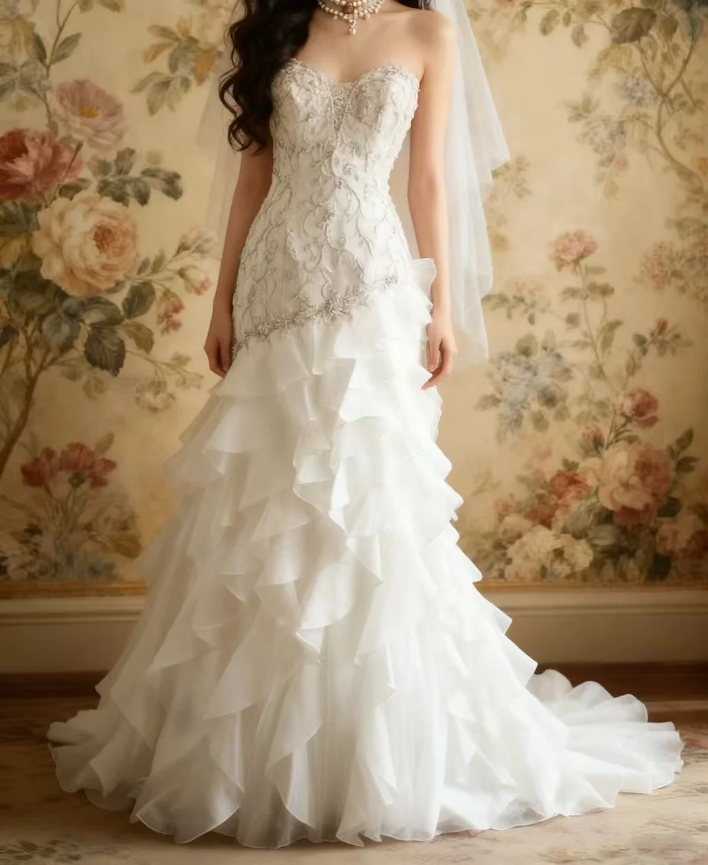 Vintage White Lace Strapless Ruffled Mermaid Embellished Bodice & Train Wedding Dress DP7653