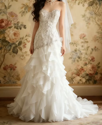 Vintage White Lace Strapless Ruffled Mermaid Embellished Bodice & Train Wedding Dress DP7653