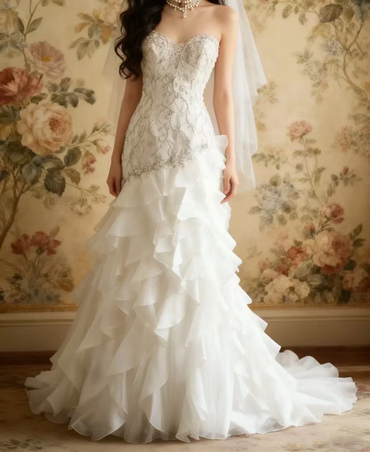 Vintage White Lace Strapless Ruffled Mermaid Embellished Bodice & Train Wedding Dress DP7653