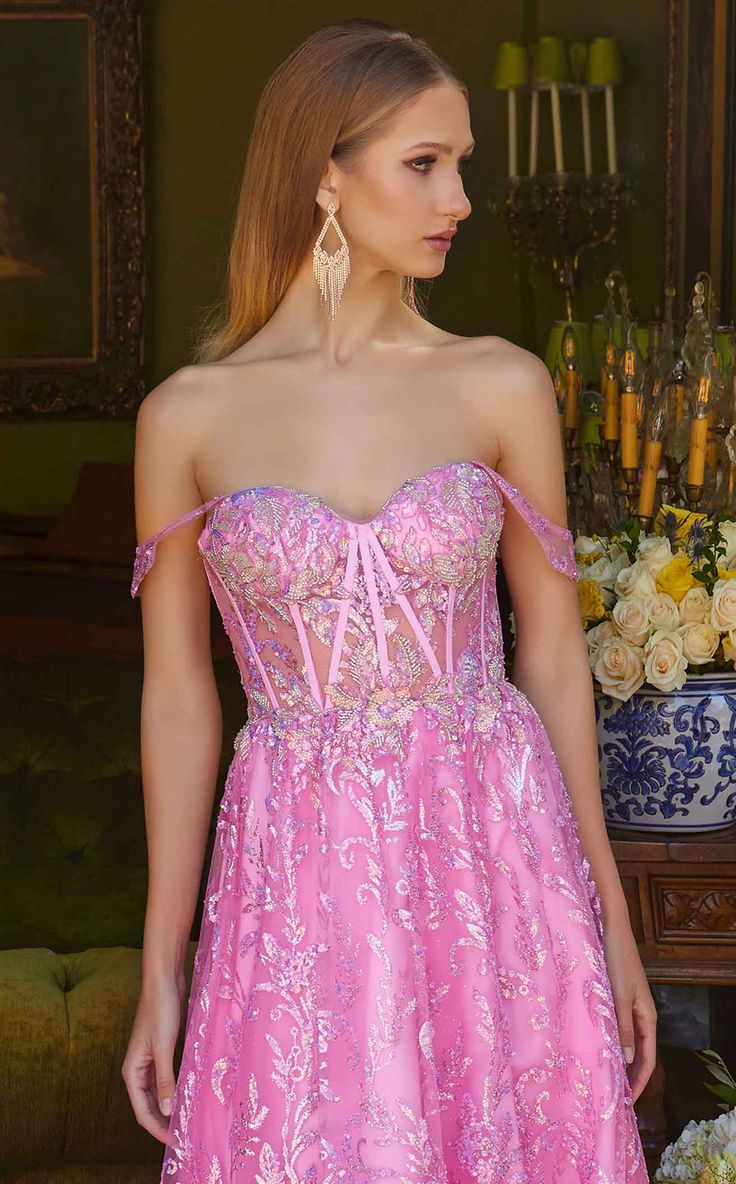 Elegant Pink Off-the-Shoulder Sweetheart Prom Dress Lace Embroidered A-Line Evening Gown DP8189