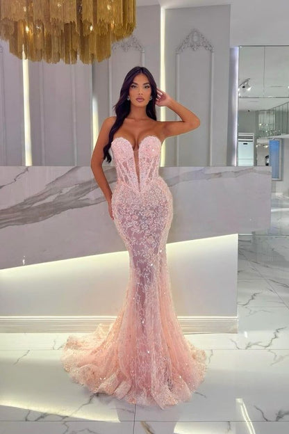 Enchanting Blush Pink Lace Mermaid Evening Gown with Plunge Neckline DP8017
