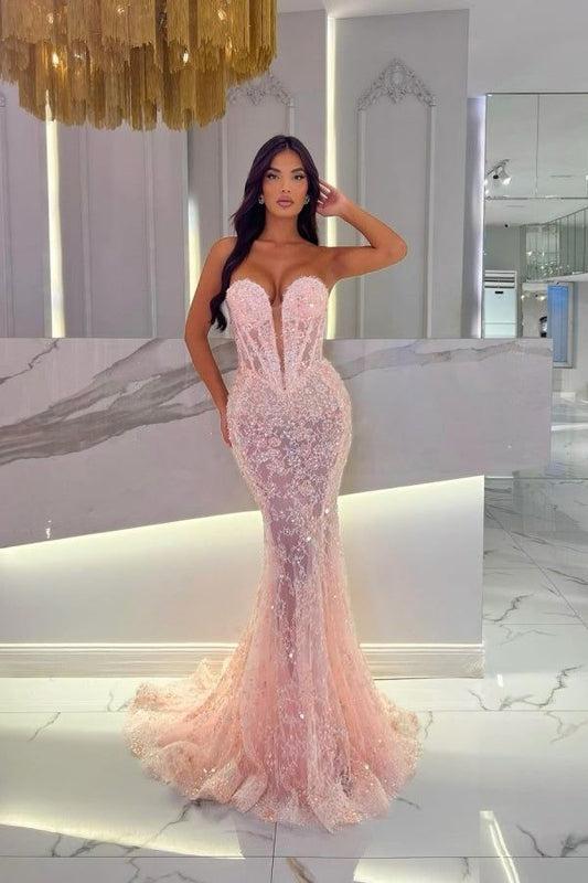 Enchanting Blush Pink Lace Mermaid Evening Gown with Plunge Neckline DP8017