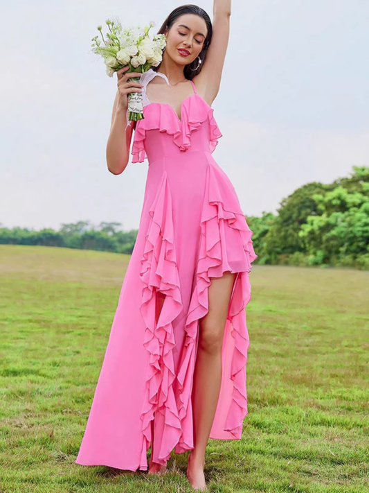 Vintage Hot Pink Ruffle Spaghetti Strap Maxi Prom Dress High Slit Evening Dress DP8107