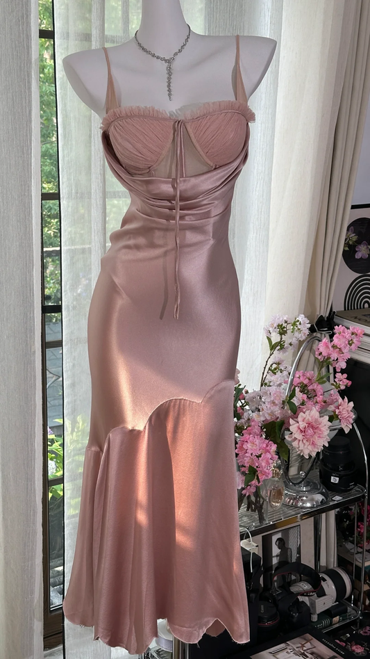 Vintage Rosa Spaghettiträger Meerjungfrau Satin Ballkleid Abendkleid DP6363
