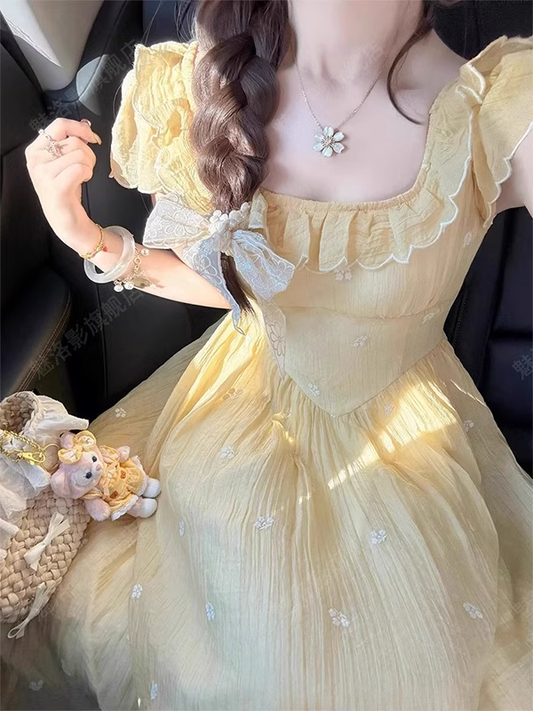 Vintage Faint Yellow A-Line Prom Dress Floral Short-sleeve Evening Dress Chiffon Long Formal Dress DP6704
