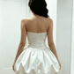 Vintage White Satin Pearl Trim Strapless Bubble Ruched A-Line Homecoming Dress DP8683