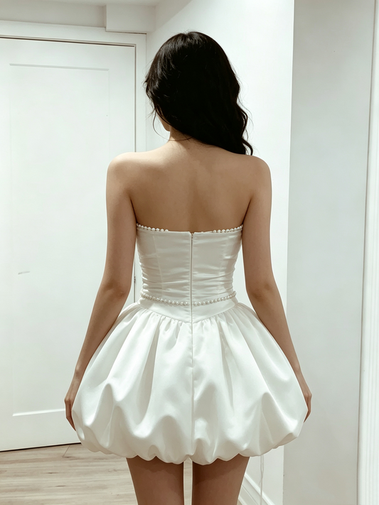 Vintage White Satin Pearl Trim Strapless Bubble Ruched A-Line Homecoming Dress DP8683
