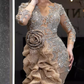 Glamorous Champagne Beaded Mermaid Ruffled High Slit 3D Floral Evening Dress DP8094