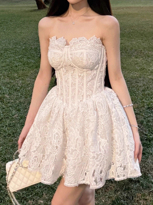 Vintage White Lace Strapless A-Line Homecoming Dress Party Dress Cocktail Dress DP6711