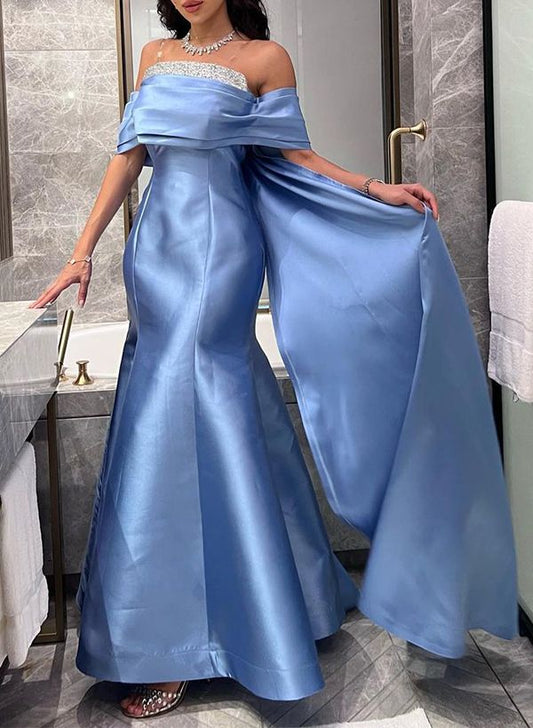 Elegant Blue Off-the-Shoulder Beaded Satin Mermaid Prom Gown Evening Dress DP8061