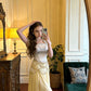 Glamorous Pale Yellow Beaded Corset Cap Sleeves Evening Gown DP8172