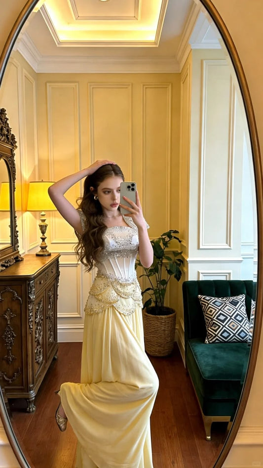 Glamorous Pale Yellow Beaded Corset Cap Sleeves Evening Gown DP8172