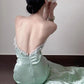Elegant Mint Green Crinkled Shiny Satin Mermaid Strapless Sweetheart Pearl Beaded 3D Floral Sweep Train Evening Gown DP8556