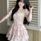 Cute Pink Floral Ruffle Tiered Homecoming Dress Square Neck Lace Mini Party Gown DP8258