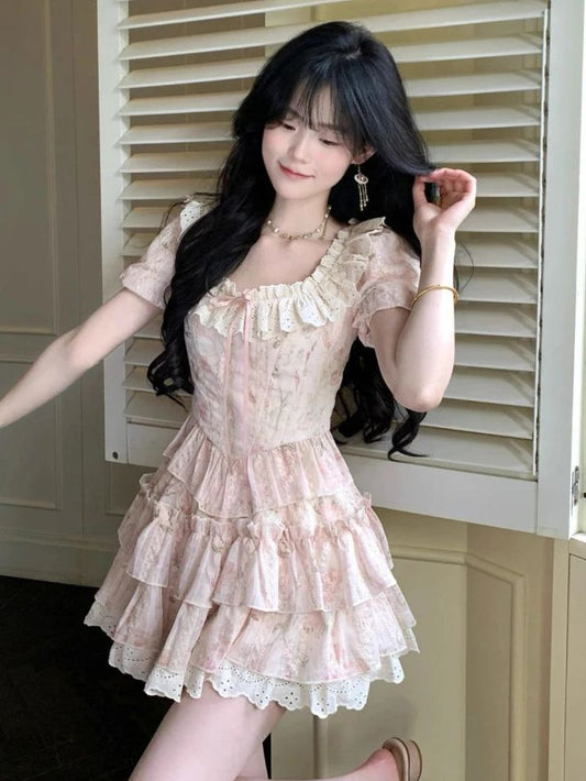 Cute Pink Floral Ruffle Tiered Homecoming Dress Square Neck Lace Mini Party Gown DP8258