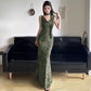 Robe de soirée sirène vintage à col en V et motif floral vert, tenue de bal d'été DP6344