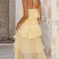 Vintage Halter-Neck Ruffle Tiered Chiffon High Low Maxi Formal Evening Dress DP8234