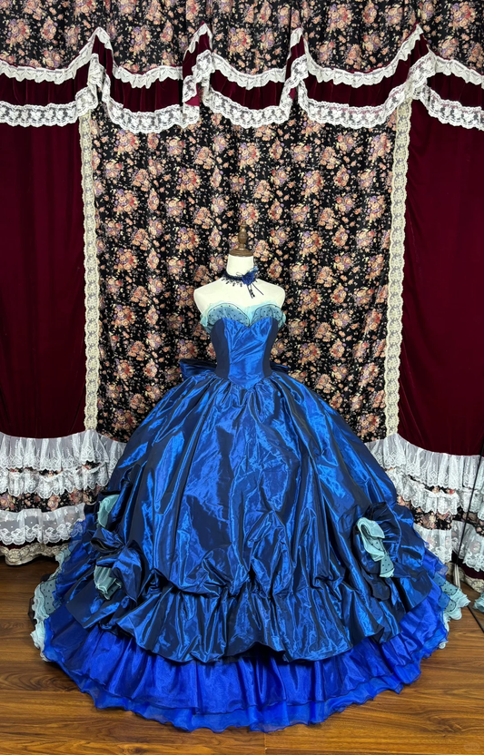 Vintage Navy Blue Sweetheart Satin Strapless Sweet 16th Quinceanera A-Line Evening Dress Ball Gown DP6274
