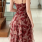 Elegant Burgundy Floral Print V-Neck Spaghetti Strap Tiered Ruffle Tulle Evening Gown DP8585