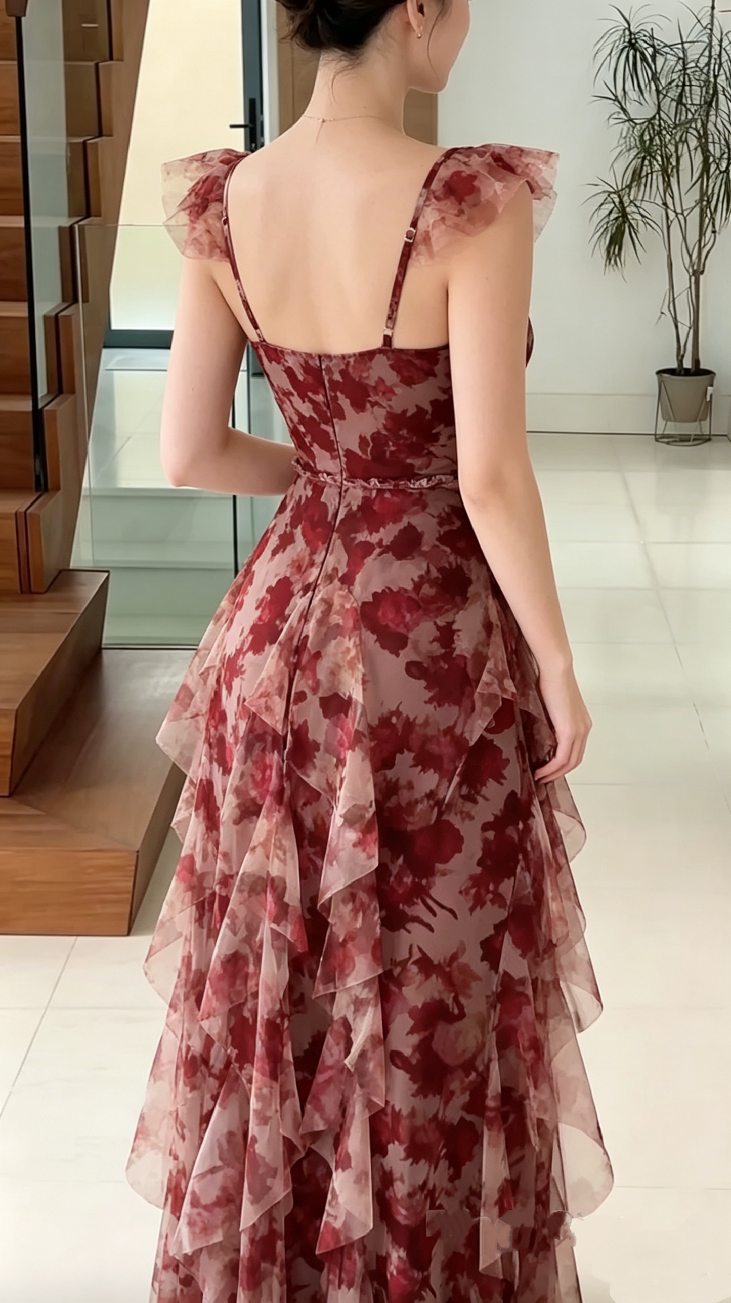 Elegant Burgundy Floral Print V-Neck Spaghetti Strap Tiered Ruffle Tulle Evening Gown DP8585