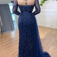 Stylish High Neck Navy Mermaid Evening Dress with Detachable Tulle Train Crystals Beads Long Prom Dress,F04833