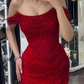 Red off Shoulder Shiny Mermaid Long Party Dress Birthday Outfits DP3964