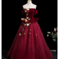 Vintage Burgundy 3D Butterflies Sweet 16 Quinceanera Off-the-shoulder Evening Dress Floor Length Ball Gown DP6909